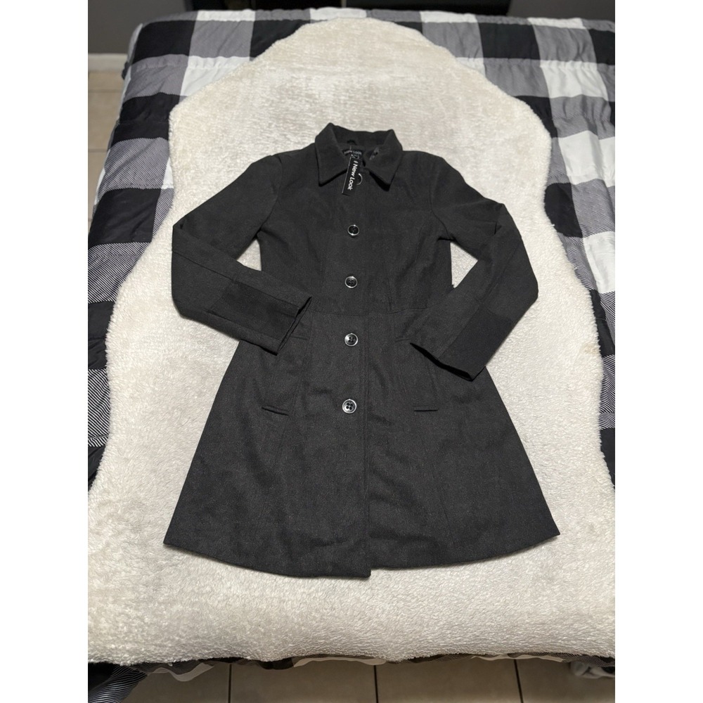 New Look Womens Charcoal Wool Blend Peacoat Jacket Size Small Gray Button Coat